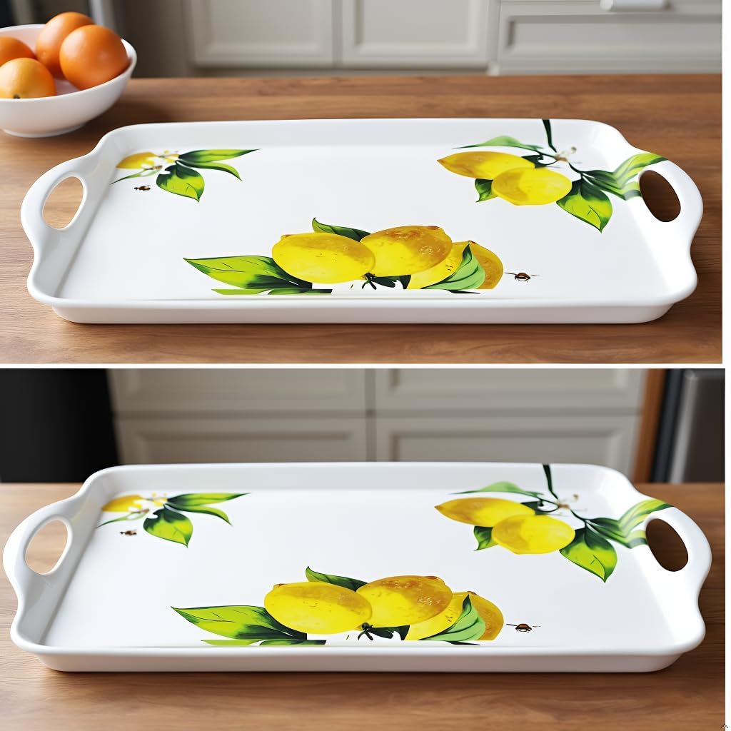 Calypso Basics Melamine Serving Ottoman Tray with Handles, Rectangular, Lemon, Lightweight, Durable, Multi-Purpose Use, Indoor, Outdoor, Camping, Server, Fresh Lemons