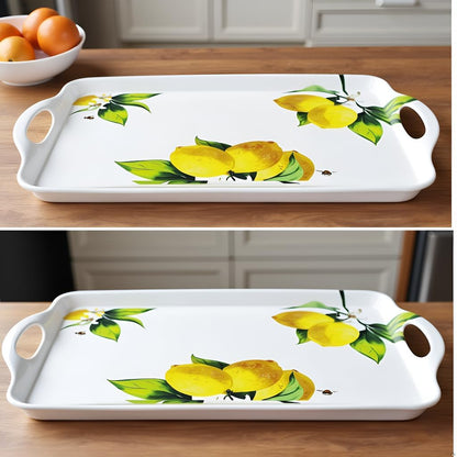 Calypso Basics Melamine Serving Ottoman Tray with Handles, Rectangular, Lemon, Lightweight, Durable, Multi-Purpose Use, Indoor, Outdoor, Camping, Server, Fresh Lemons