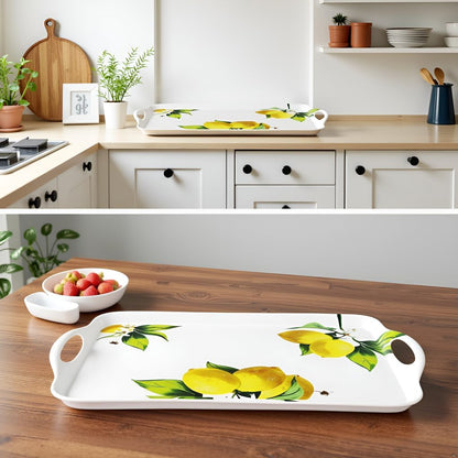 Calypso Basics Melamine Serving Ottoman Tray with Handles, Rectangular, Lemon, Lightweight, Durable, Multi-Purpose Use, Indoor, Outdoor, Camping, Server, Fresh Lemons