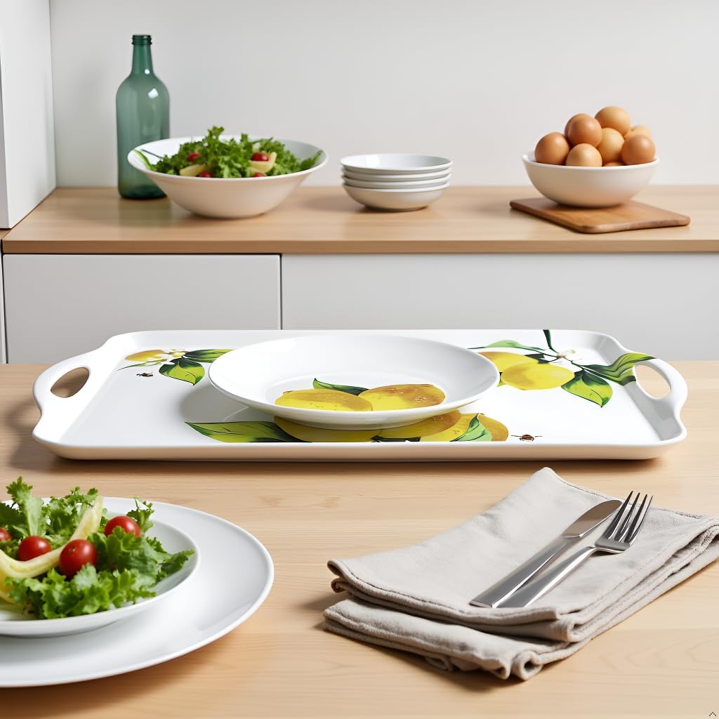 Calypso Basics Melamine Serving Ottoman Tray with Handles, Rectangular, Lemon, Lightweight, Durable, Multi-Purpose Use, Indoor, Outdoor, Camping, Server, Fresh Lemons