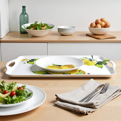 Calypso Basics Melamine Serving Ottoman Tray with Handles, Rectangular, Lemon, Lightweight, Durable, Multi-Purpose Use, Indoor, Outdoor, Camping, Server, Fresh Lemons