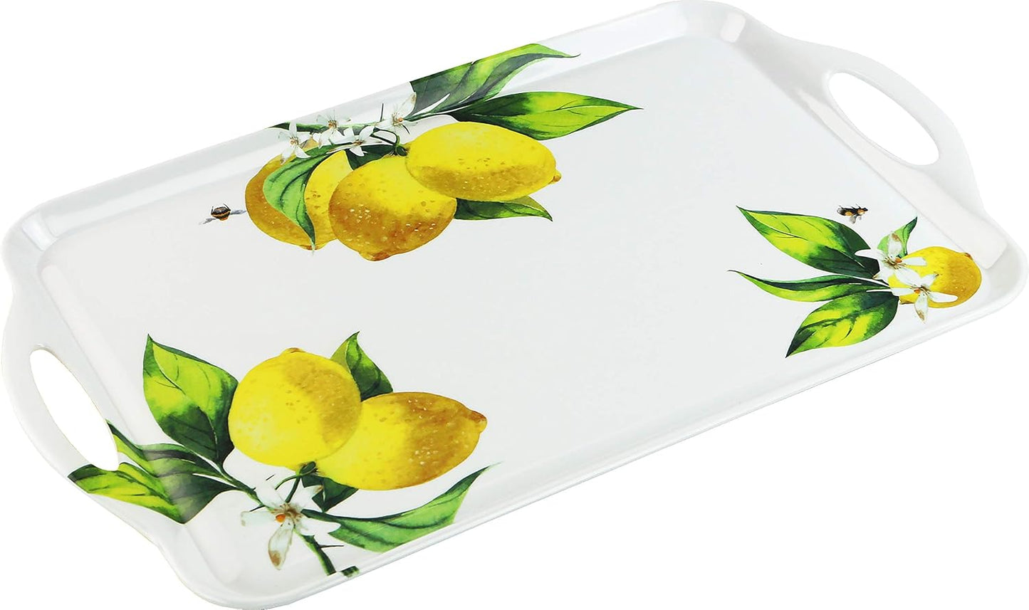 Calypso Basics Melamine Serving Ottoman Tray with Handles, Rectangular, Lemon, Lightweight, Durable, Multi-Purpose Use, Indoor, Outdoor, Camping, Server, Fresh Lemons
