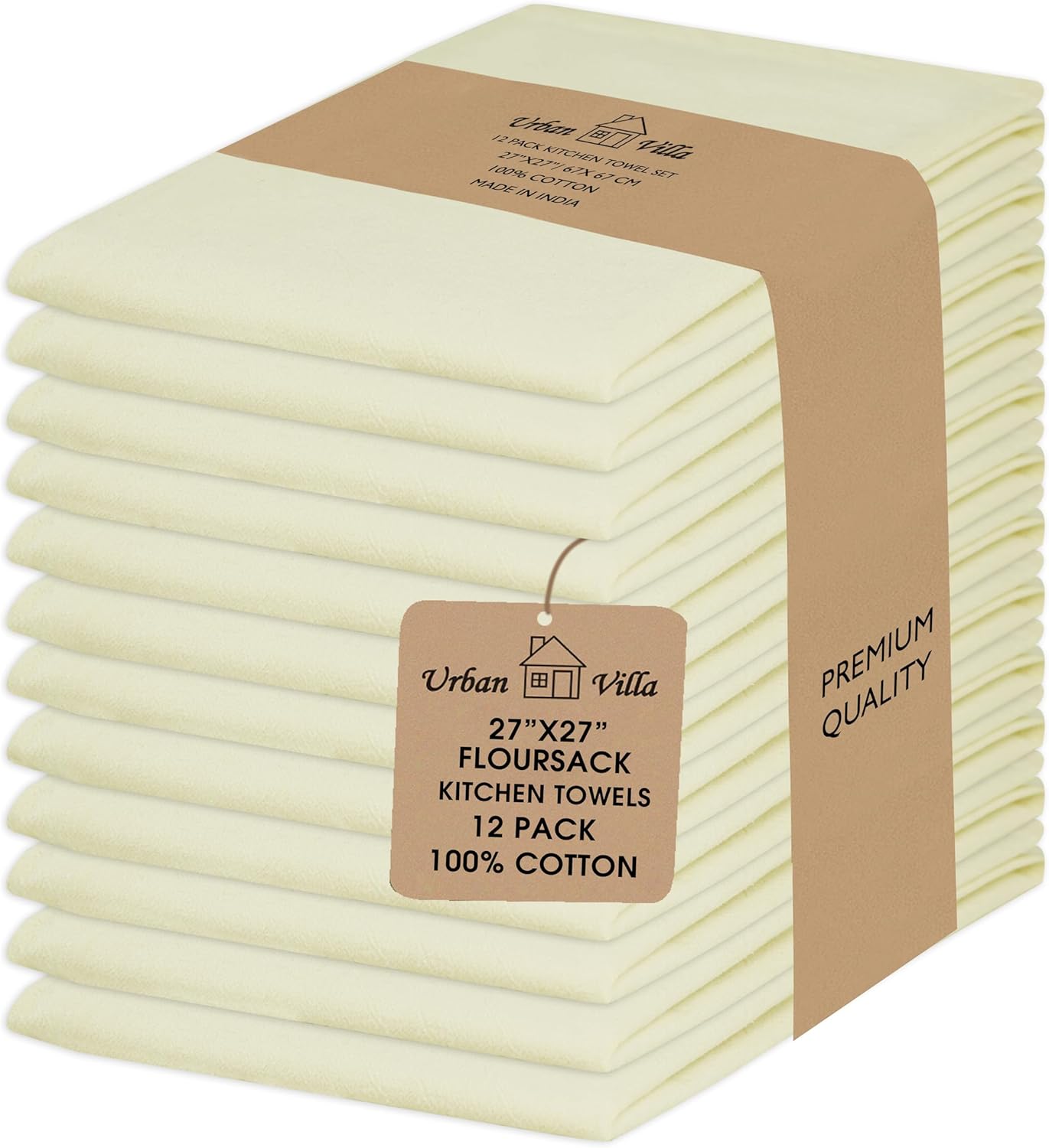 Urban Villa Flour Sack Light Yellow Kitchen Towels 100% Cotton Highly Absorbent Dish Towels for Bread Proofing Baking Drying Dinnerware Glass Embroidery DIY Projects Zero Lint 27x27 Inches (12 Pack)