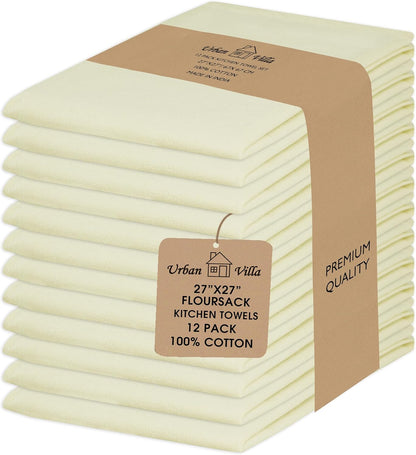 Urban Villa Flour Sack Light Yellow Kitchen Towels 100% Cotton Highly Absorbent Dish Towels for Bread Proofing Baking Drying Dinnerware Glass Embroidery DIY Projects Zero Lint 27x27 Inches (12 Pack)
