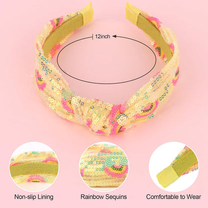 Yellow Sequins Headbands for Girls, Glitter Rainbow Girls Headbands Cute Knotted Head Band for Women Teens Sparkle Girl Hair Accessories