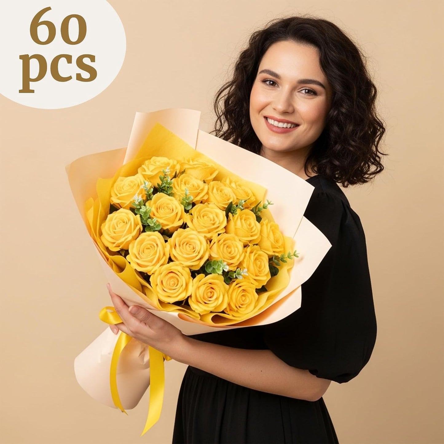 60PCS Yellow Roses Bulk, Yellow Velvet Silk Fake Roses | Realistic Flowers for Wedding Centerpieces, Bridal Bouquets, Home Decor, Baby Shower,Spring Easter Party Decorations
