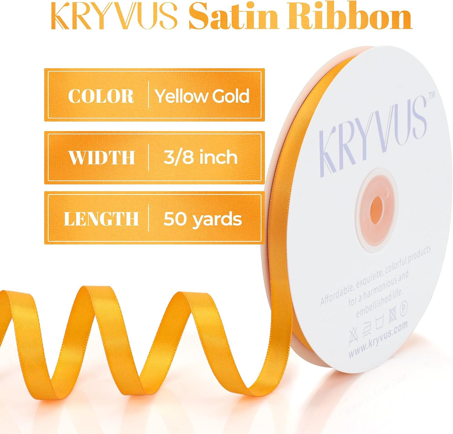Yellow Gold Satin Ribbon, Double Faced 3/8 Inch X 50 Yards Yellow Gold Ribbon, Premium Satin Ribbons for Gift Wrapping, Crafts, Hair Bow Making, Sewing, Flower Bouquet, Wedding Party Decor