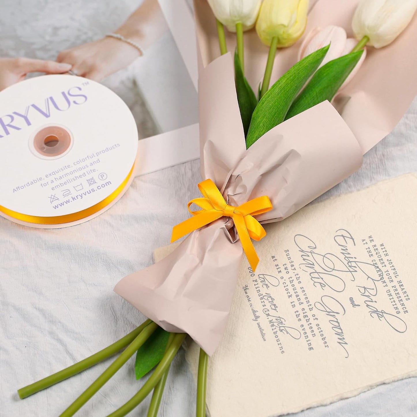 Yellow Gold Satin Ribbon, Double Faced 3/8 Inch X 50 Yards Yellow Gold Ribbon, Premium Satin Ribbons for Gift Wrapping, Crafts, Hair Bow Making, Sewing, Flower Bouquet, Wedding Party Decor
