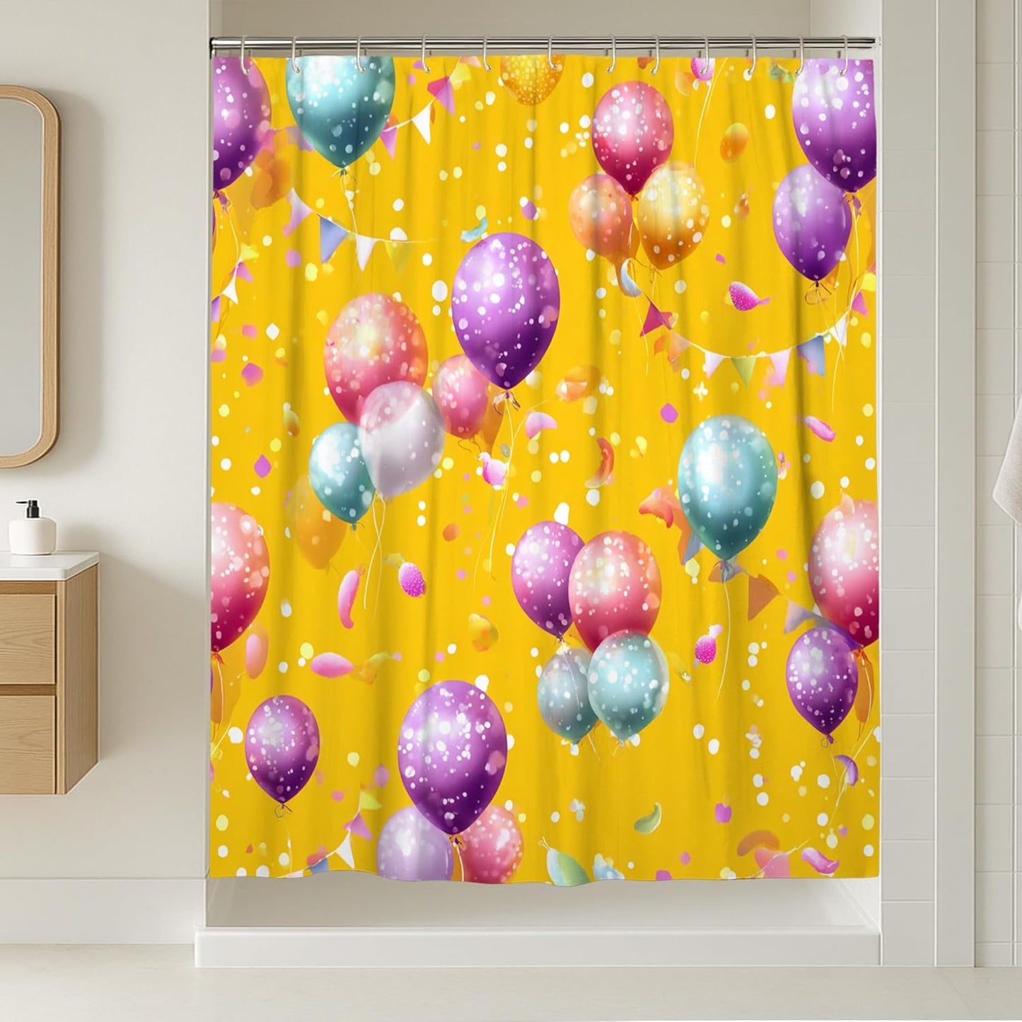 Colorful Balloon Shower Curtain, Bright Yellow Celebration Decor, Festive Party Style Waterproof Fabric Bathroom Curtain with Hooks 54x78 Inch