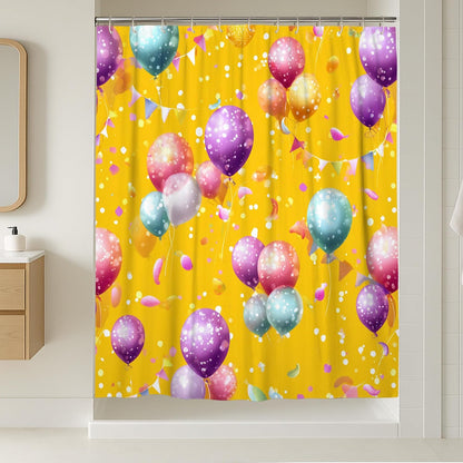 Colorful Balloon Shower Curtain, Bright Yellow Celebration Decor, Festive Party Style Waterproof Fabric Bathroom Curtain with Hooks 54x78 Inch
