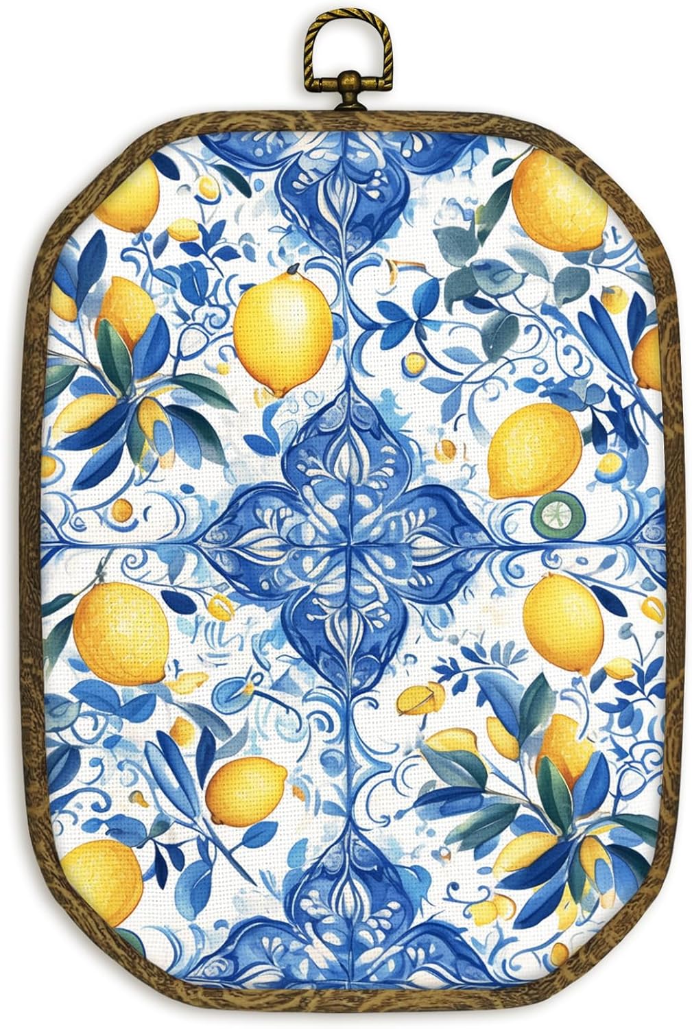 Mediterranean Lemon Wall Art Decor Framed, Italian Chinoiserie Lemon Wall Decor, Blue and White Lemons Canvas Prints Art Hanging Decorations for Bathroom Bedroom Kitchen, 10.2x7 Inches