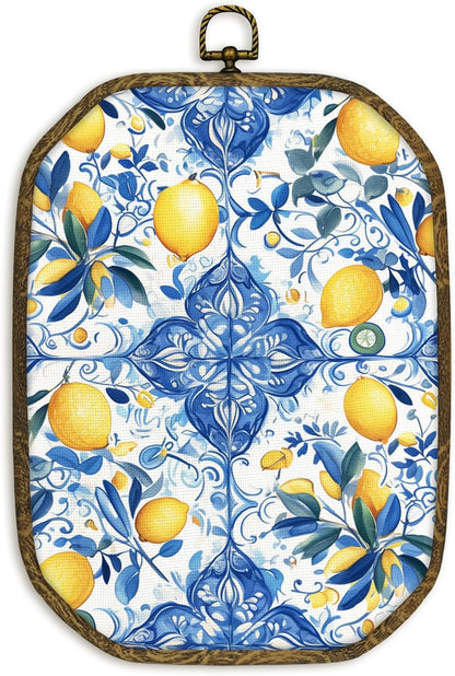 Mediterranean Lemon Wall Art Decor Framed, Italian Chinoiserie Lemon Wall Decor, Blue and White Lemons Canvas Prints Art Hanging Decorations for Bathroom Bedroom Kitchen, 10.2x7 Inches