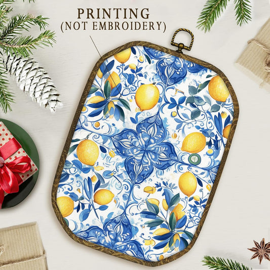 Mediterranean Lemon Wall Art Decor Framed, Italian Chinoiserie Lemon Wall Decor, Blue and White Lemons Canvas Prints Art Hanging Decorations for Bathroom Bedroom Kitchen, 10.2x7 Inches