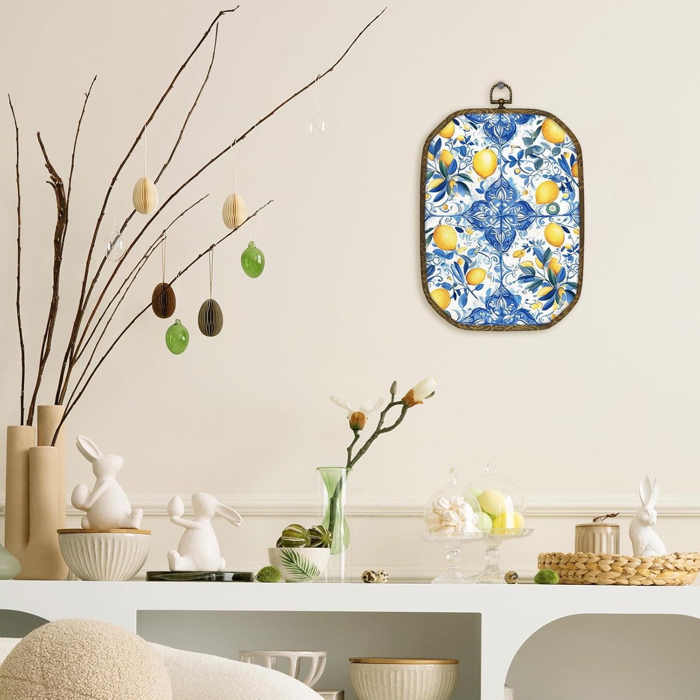 Mediterranean Lemon Wall Art Decor Framed, Italian Chinoiserie Lemon Wall Decor, Blue and White Lemons Canvas Prints Art Hanging Decorations for Bathroom Bedroom Kitchen, 10.2x7 Inches