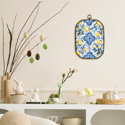 Mediterranean Lemon Wall Art Decor Framed, Italian Chinoiserie Lemon Wall Decor, Blue and White Lemons Canvas Prints Art Hanging Decorations for Bathroom Bedroom Kitchen, 10.2x7 Inches