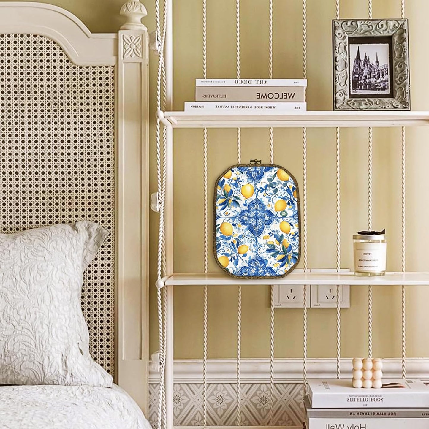 Mediterranean Lemon Wall Art Decor Framed, Italian Chinoiserie Lemon Wall Decor, Blue and White Lemons Canvas Prints Art Hanging Decorations for Bathroom Bedroom Kitchen, 10.2x7 Inches