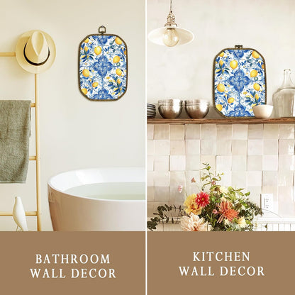 Mediterranean Lemon Wall Art Decor Framed, Italian Chinoiserie Lemon Wall Decor, Blue and White Lemons Canvas Prints Art Hanging Decorations for Bathroom Bedroom Kitchen, 10.2x7 Inches