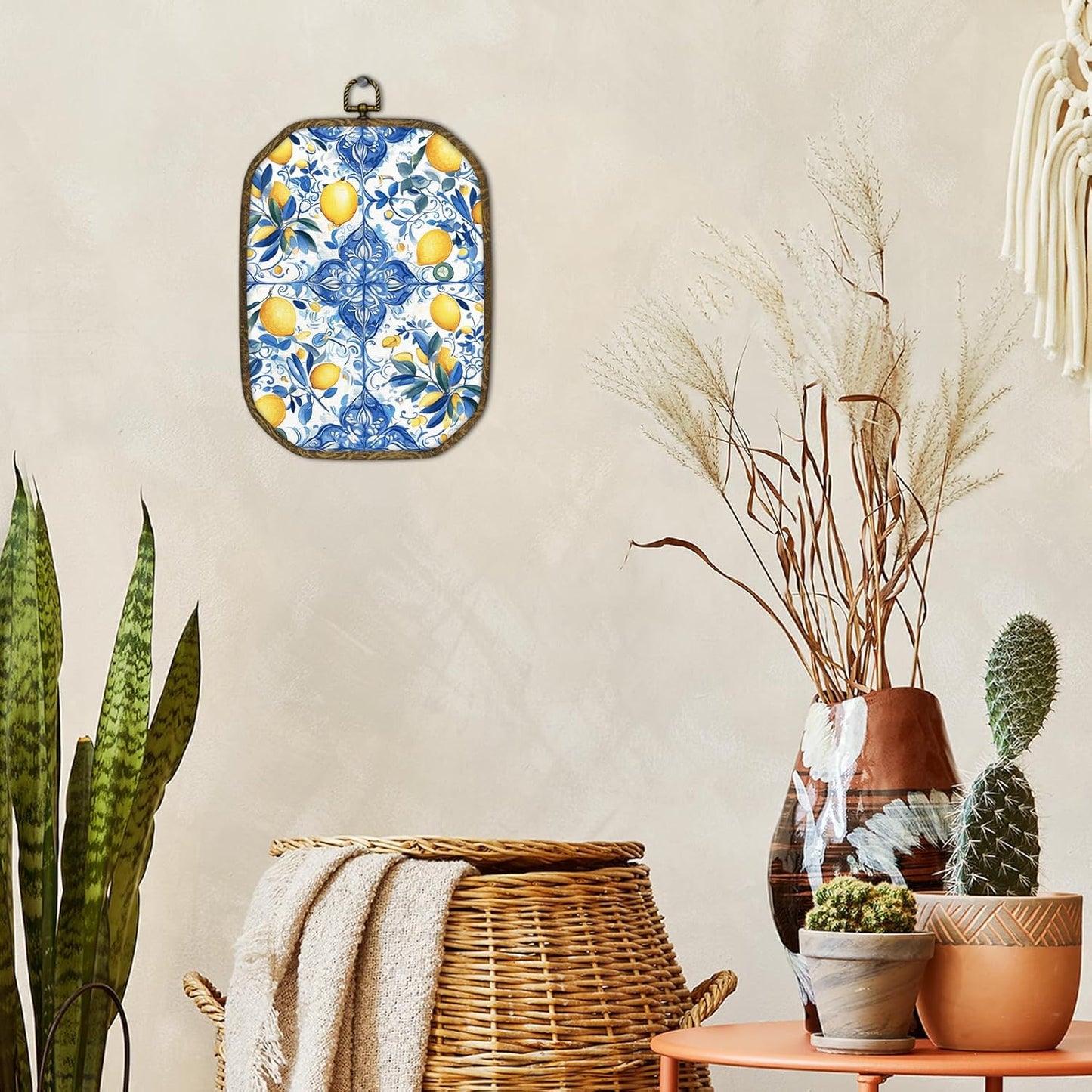Mediterranean Lemon Wall Art Decor Framed, Italian Chinoiserie Lemon Wall Decor, Blue and White Lemons Canvas Prints Art Hanging Decorations for Bathroom Bedroom Kitchen, 10.2x7 Inches