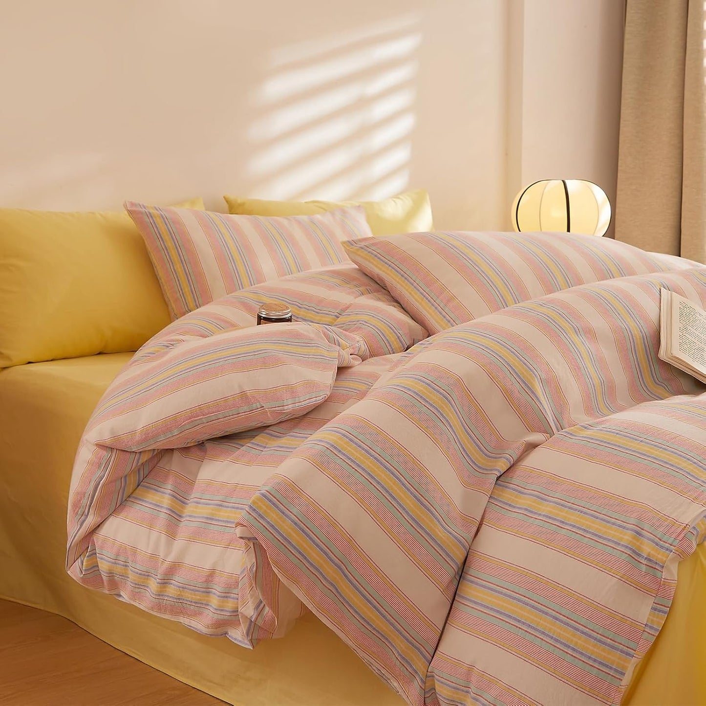 Pink and Yellow Striped XL Twin Comforter Set Fluffy Down Alternative Bedding Set Cute Cozy Washed Cotton Bedroom Bedding Comforter Sets Boho Chic Soft Comfy Bed Comforter with 2 Pillowcases