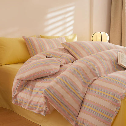 Pink and Yellow Striped XL Twin Comforter Set Fluffy Down Alternative Bedding Set Cute Cozy Washed Cotton Bedroom Bedding Comforter Sets Boho Chic Soft Comfy Bed Comforter with 2 Pillowcases