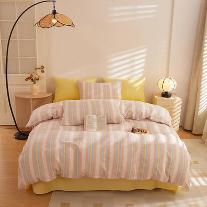 Pink and Yellow Striped XL Twin Comforter Set Fluffy Down Alternative Bedding Set Cute Cozy Washed Cotton Bedroom Bedding Comforter Sets Boho Chic Soft Comfy Bed Comforter with 2 Pillowcases