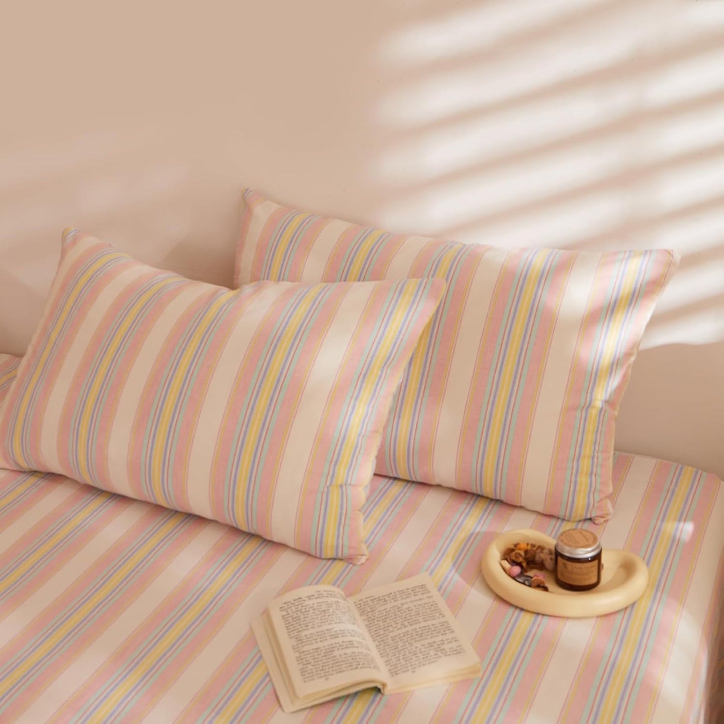Pink and Yellow Striped XL Twin Comforter Set Fluffy Down Alternative Bedding Set Cute Cozy Washed Cotton Bedroom Bedding Comforter Sets Boho Chic Soft Comfy Bed Comforter with 2 Pillowcases
