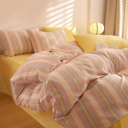 Pink and Yellow Striped XL Twin Comforter Set Fluffy Down Alternative Bedding Set Cute Cozy Washed Cotton Bedroom Bedding Comforter Sets Boho Chic Soft Comfy Bed Comforter with 2 Pillowcases