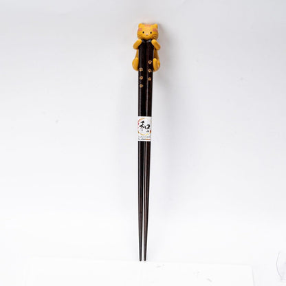 Japanese Wooden Chopsticks Set With Neko Cat Rest Set Gift Box Packaging (Chatora (Yellow))