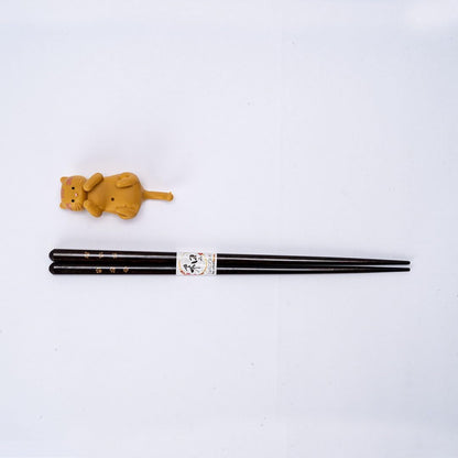 Japanese Wooden Chopsticks Set With Neko Cat Rest Set Gift Box Packaging (Chatora (Yellow))