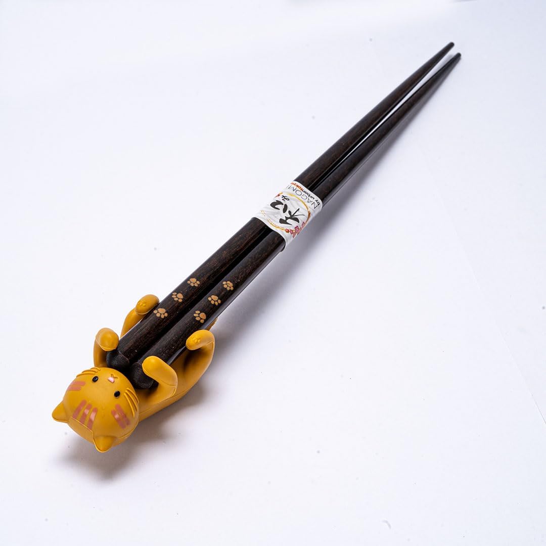 Japanese Wooden Chopsticks Set With Neko Cat Rest Set Gift Box Packaging (Chatora (Yellow))