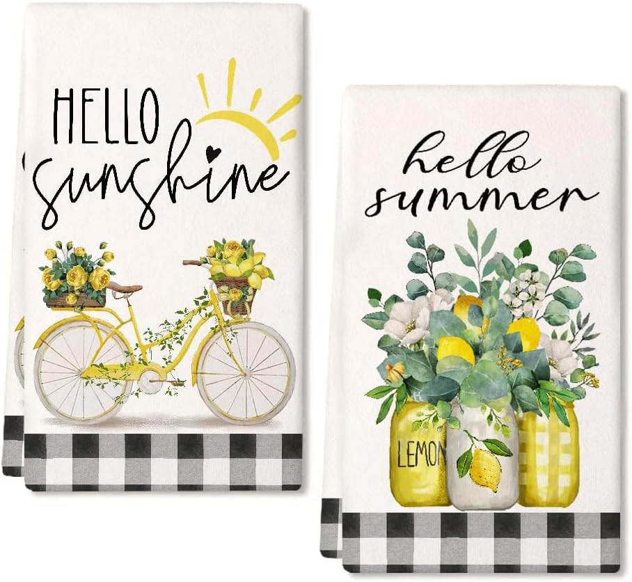 Yellow Lemon Eucalyptus Summer Kitchen Towels Dish Towels Set of 2,Black Bike Hello Summer Hand Towels 18x26 Inch Drying Dishcloth,Farmhouse Home Seasonal Holiday Summer Decorations AD333