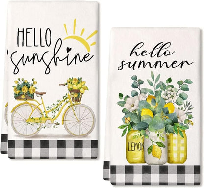 Yellow Lemon Eucalyptus Summer Kitchen Towels Dish Towels Set of 2,Black Bike Hello Summer Hand Towels 18x26 Inch Drying Dishcloth,Farmhouse Home Seasonal Holiday Summer Decorations AD333
