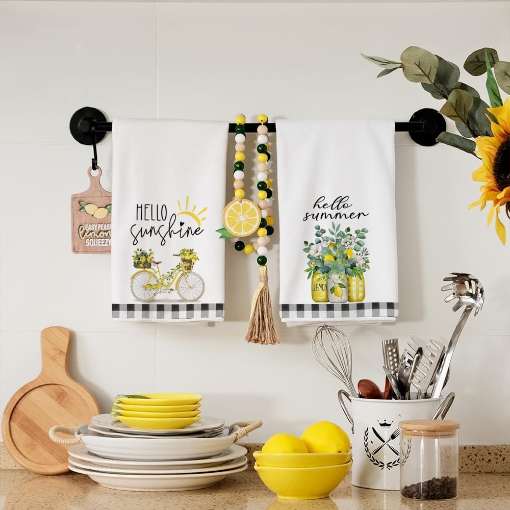 Yellow Lemon Eucalyptus Summer Kitchen Towels Dish Towels Set of 2,Black Bike Hello Summer Hand Towels 18x26 Inch Drying Dishcloth,Farmhouse Home Seasonal Holiday Summer Decorations AD333