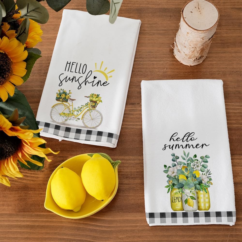 Yellow Lemon Eucalyptus Summer Kitchen Towels Dish Towels Set of 2,Black Bike Hello Summer Hand Towels 18x26 Inch Drying Dishcloth,Farmhouse Home Seasonal Holiday Summer Decorations AD333