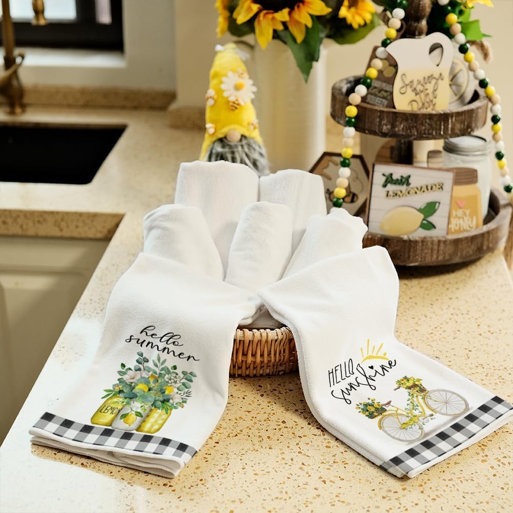Yellow Lemon Eucalyptus Summer Kitchen Towels Dish Towels Set of 2,Black Bike Hello Summer Hand Towels 18x26 Inch Drying Dishcloth,Farmhouse Home Seasonal Holiday Summer Decorations AD333