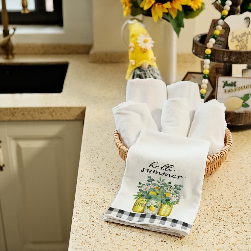 Yellow Lemon Eucalyptus Summer Kitchen Towels Dish Towels Set of 2,Black Bike Hello Summer Hand Towels 18x26 Inch Drying Dishcloth,Farmhouse Home Seasonal Holiday Summer Decorations AD333