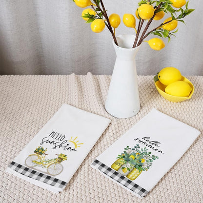 Yellow Lemon Eucalyptus Summer Kitchen Towels Dish Towels Set of 2,Black Bike Hello Summer Hand Towels 18x26 Inch Drying Dishcloth,Farmhouse Home Seasonal Holiday Summer Decorations AD333