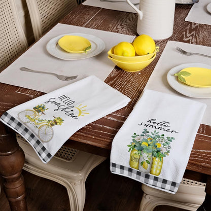Yellow Lemon Eucalyptus Summer Kitchen Towels Dish Towels Set of 2,Black Bike Hello Summer Hand Towels 18x26 Inch Drying Dishcloth,Farmhouse Home Seasonal Holiday Summer Decorations AD333