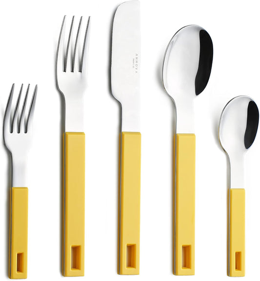ANNOVA Silverware Set 20 Pieces Stainless Steel Cutlery Color Block Handle Modern Style Flatware - 4 x Dinner Knife; 4 x Dinner Fork; 4 x Salad Fork; 4 x Dinner Spoon; 4 x Dessert Spoon (Yellow)