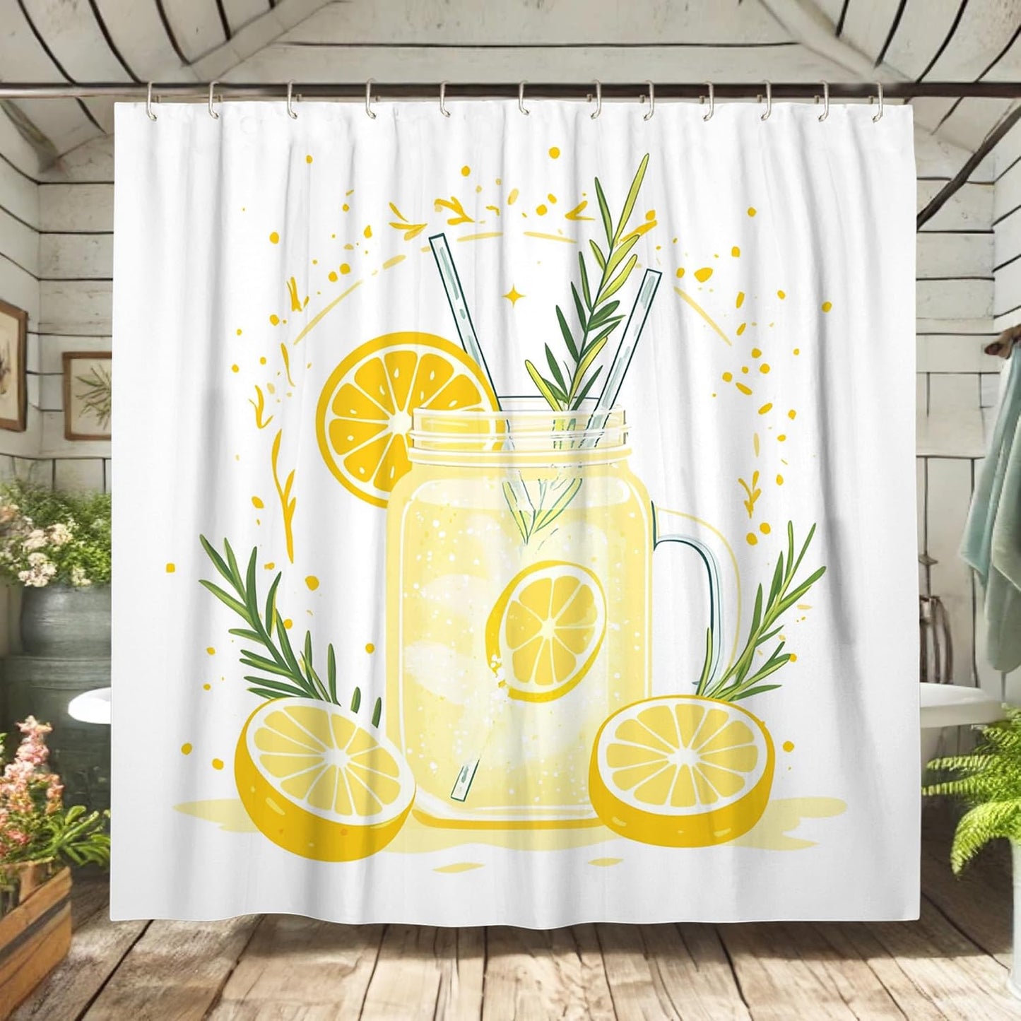 Lemonade Shower Curtain, Bright Yellow Citrus Bath Curtain for Summer Bathroom Decor, Modern Minimalistic White Waterproof Fabric Shower Curtain Set with Hooks 62x72 Inch