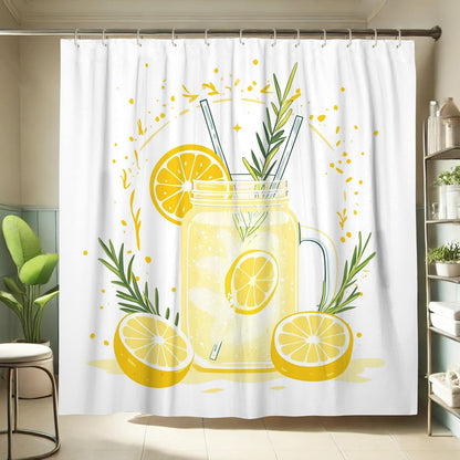 Lemonade Shower Curtain, Bright Yellow Citrus Bath Curtain for Summer Bathroom Decor, Modern Minimalistic White Waterproof Fabric Shower Curtain Set with Hooks 62x72 Inch