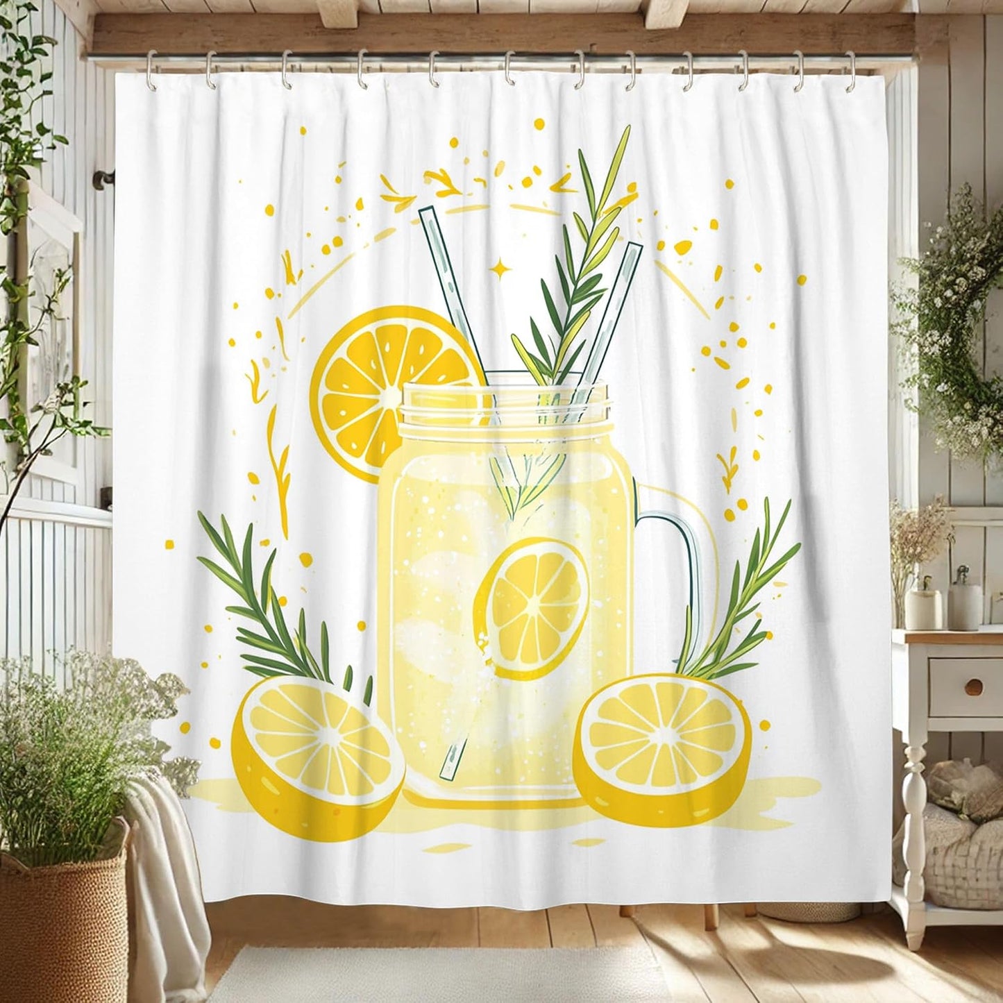 Lemonade Shower Curtain, Bright Yellow Citrus Bath Curtain for Summer Bathroom Decor, Modern Minimalistic White Waterproof Fabric Shower Curtain Set with Hooks 62x72 Inch