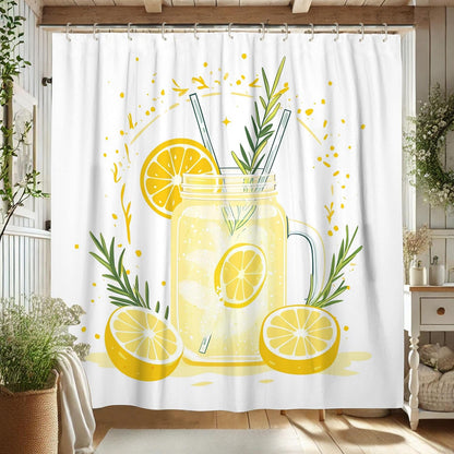 Lemonade Shower Curtain, Bright Yellow Citrus Bath Curtain for Summer Bathroom Decor, Modern Minimalistic White Waterproof Fabric Shower Curtain Set with Hooks 62x72 Inch