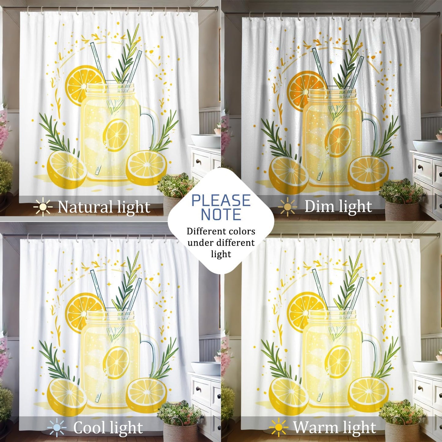 Lemonade Shower Curtain, Bright Yellow Citrus Bath Curtain for Summer Bathroom Decor, Modern Minimalistic White Waterproof Fabric Shower Curtain Set with Hooks 62x72 Inch