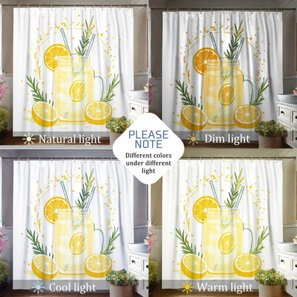 Lemonade Shower Curtain, Bright Yellow Citrus Bath Curtain for Summer Bathroom Decor, Modern Minimalistic White Waterproof Fabric Shower Curtain Set with Hooks 62x72 Inch