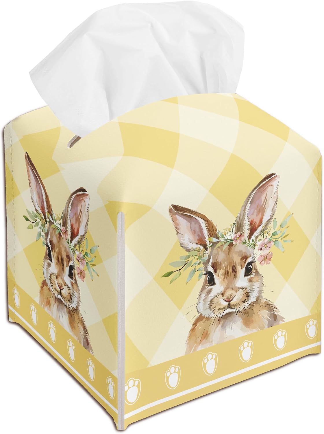 Easter Bunny Egg Tissue Box Holder - Yellow Plaid Leather Tissue Box Cover Decorative Organizer for Bathroom Kitchen Bedroom Car Countertop Nightstand - Easter Home Decor (5 x 5 in)-A02