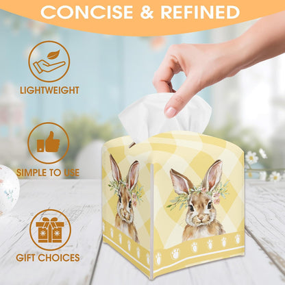 Easter Bunny Egg Tissue Box Holder - Yellow Plaid Leather Tissue Box Cover Decorative Organizer for Bathroom Kitchen Bedroom Car Countertop Nightstand - Easter Home Decor (5 x 5 in)-A02