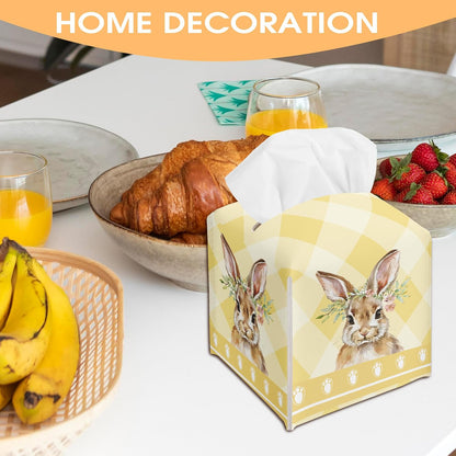 Easter Bunny Egg Tissue Box Holder - Yellow Plaid Leather Tissue Box Cover Decorative Organizer for Bathroom Kitchen Bedroom Car Countertop Nightstand - Easter Home Decor (5 x 5 in)-A02