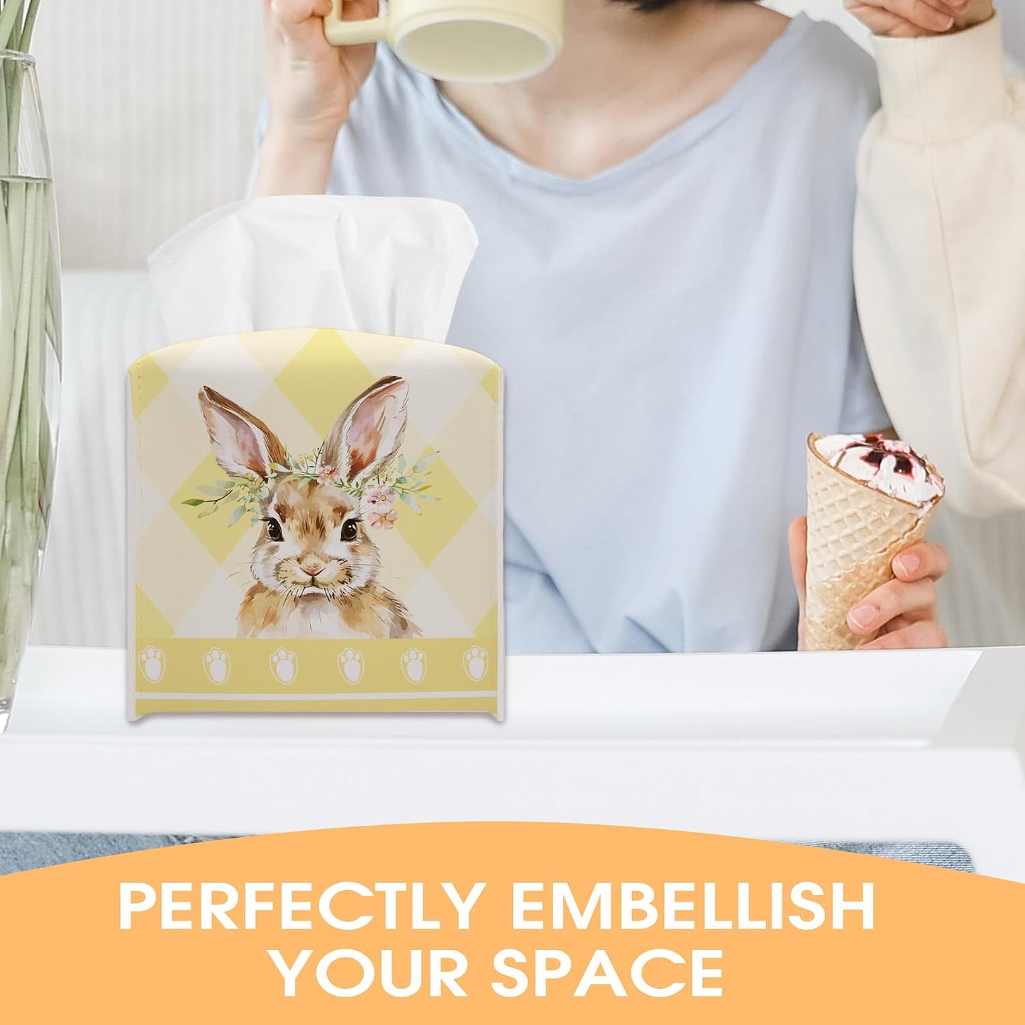 Easter Bunny Egg Tissue Box Holder - Yellow Plaid Leather Tissue Box Cover Decorative Organizer for Bathroom Kitchen Bedroom Car Countertop Nightstand - Easter Home Decor (5 x 5 in)-A02