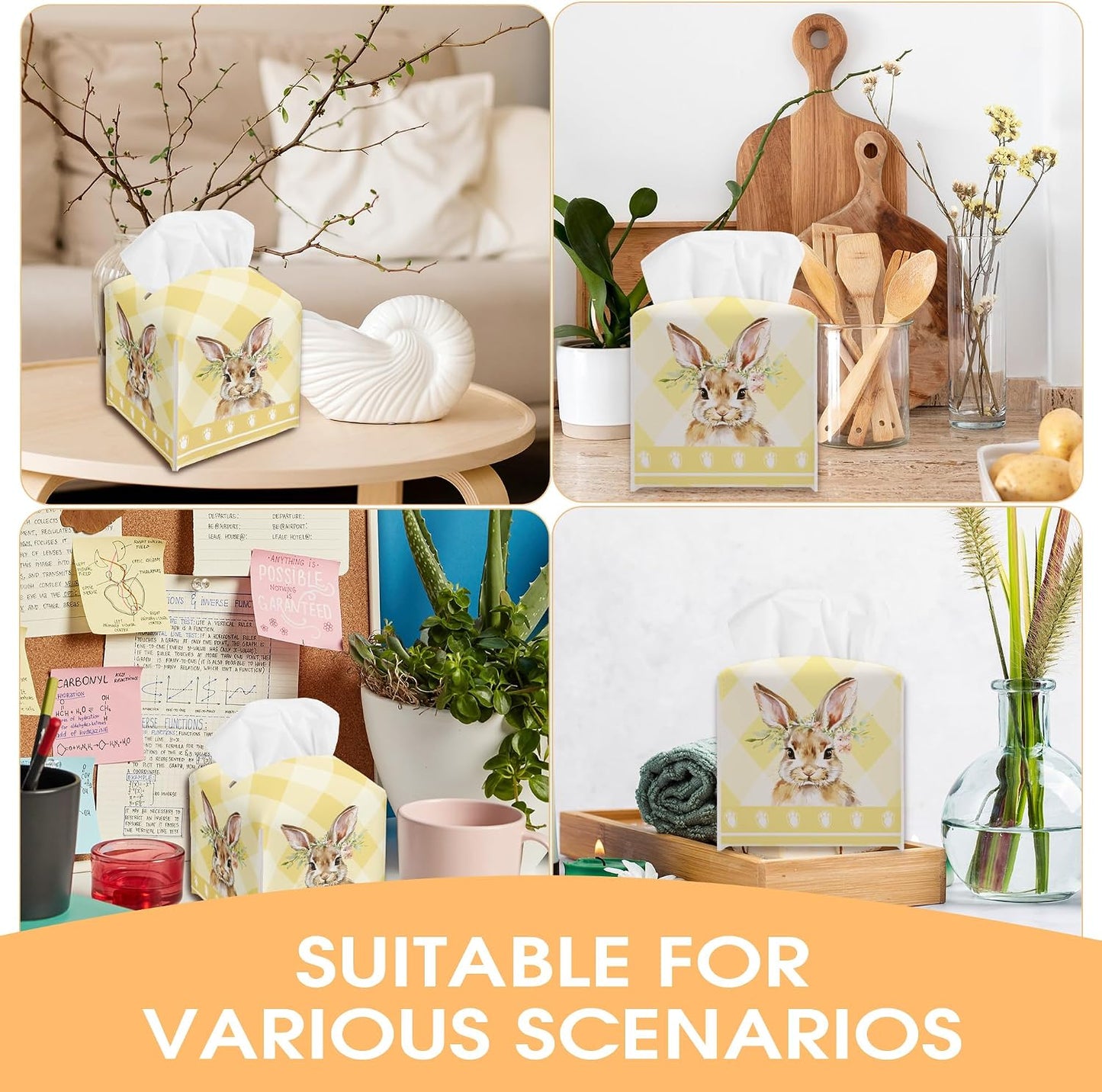 Easter Bunny Egg Tissue Box Holder - Yellow Plaid Leather Tissue Box Cover Decorative Organizer for Bathroom Kitchen Bedroom Car Countertop Nightstand - Easter Home Decor (5 x 5 in)-A02